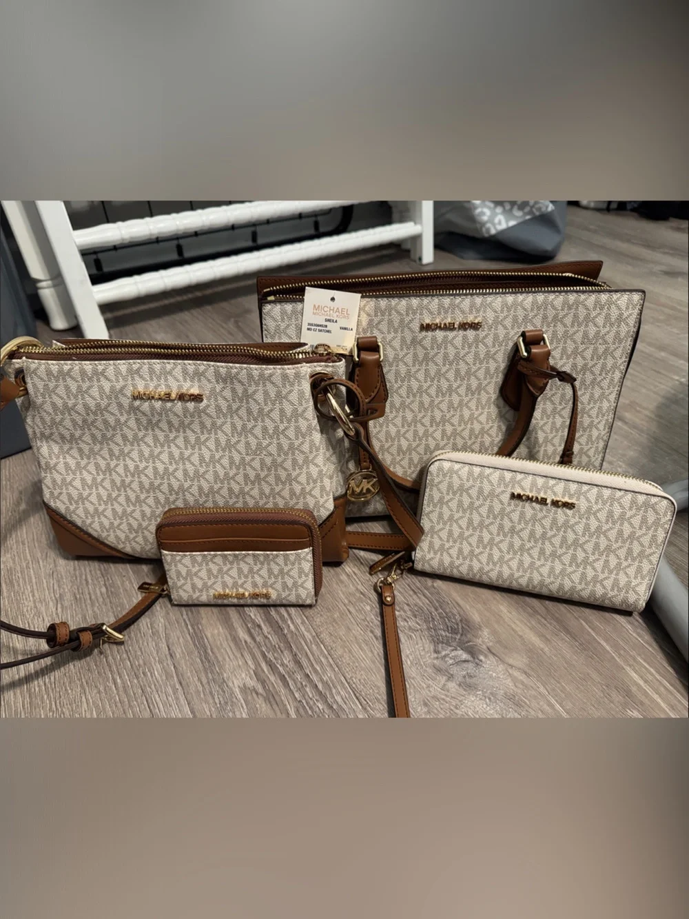Brand new- Michael Kors Beige Signature Monogram Crossbody Set with Brown Trim